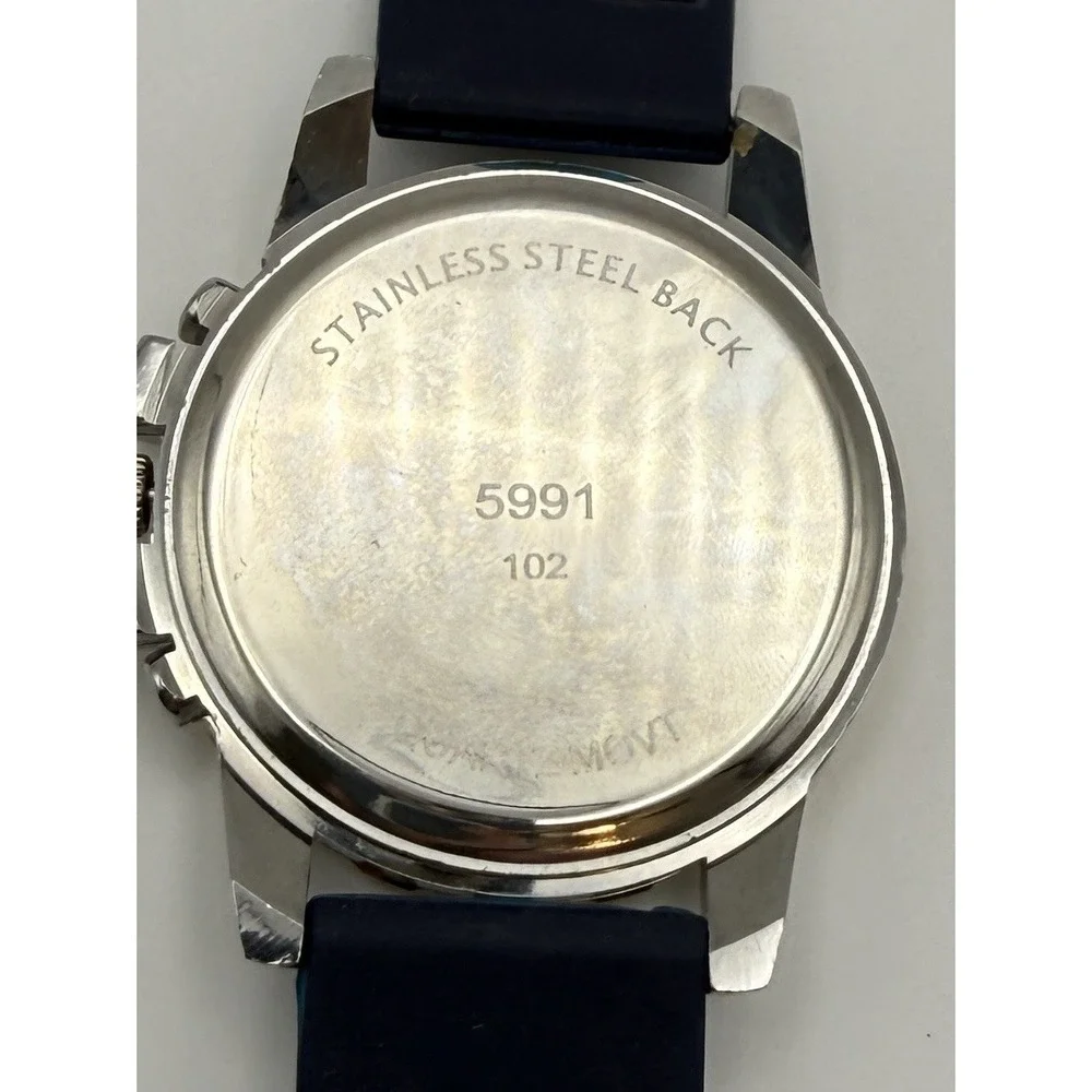 Men's Watch Chronograph Style Blue Rubber Strap Silver Gold Tone Quartz New